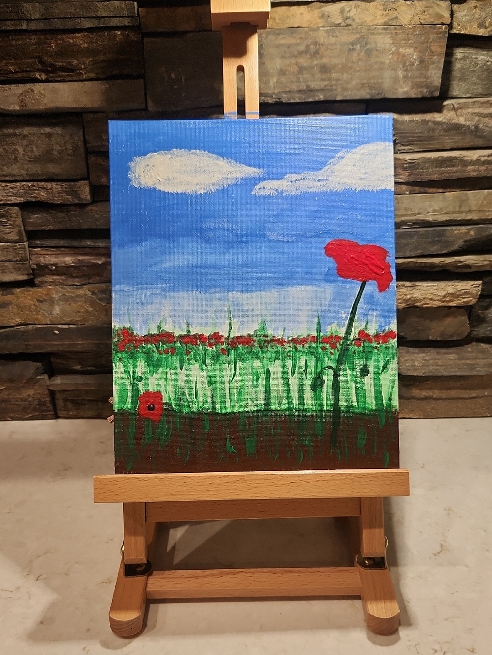 8x10 Blue and Green Floral Field Art‎ - Hand-Painted Poppy Scene